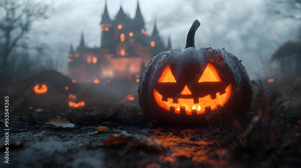 Fototapeta premium Jack O Lantern in Front of Haunted Castle at Night