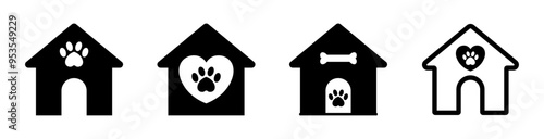 Dog house icon with bone, love, heart and paw symbol set. Dog house vector Icon set in black and white color different shape. Doghouse kennel vector illustration.