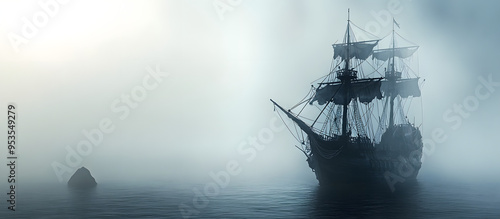 Ghostly pirate ship in the mist With copyspace for text
