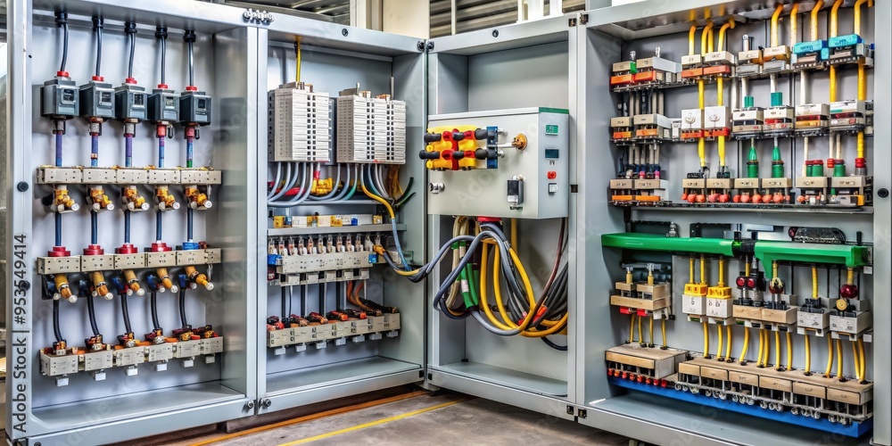 Detail of a capacitor bank with cables, fuses, electrical components in workshop, capacitor bank, cables, fuses Detail of a capacitor bank with cables, fuses, electrical components in workshop, capacitor bank, cables, fuses