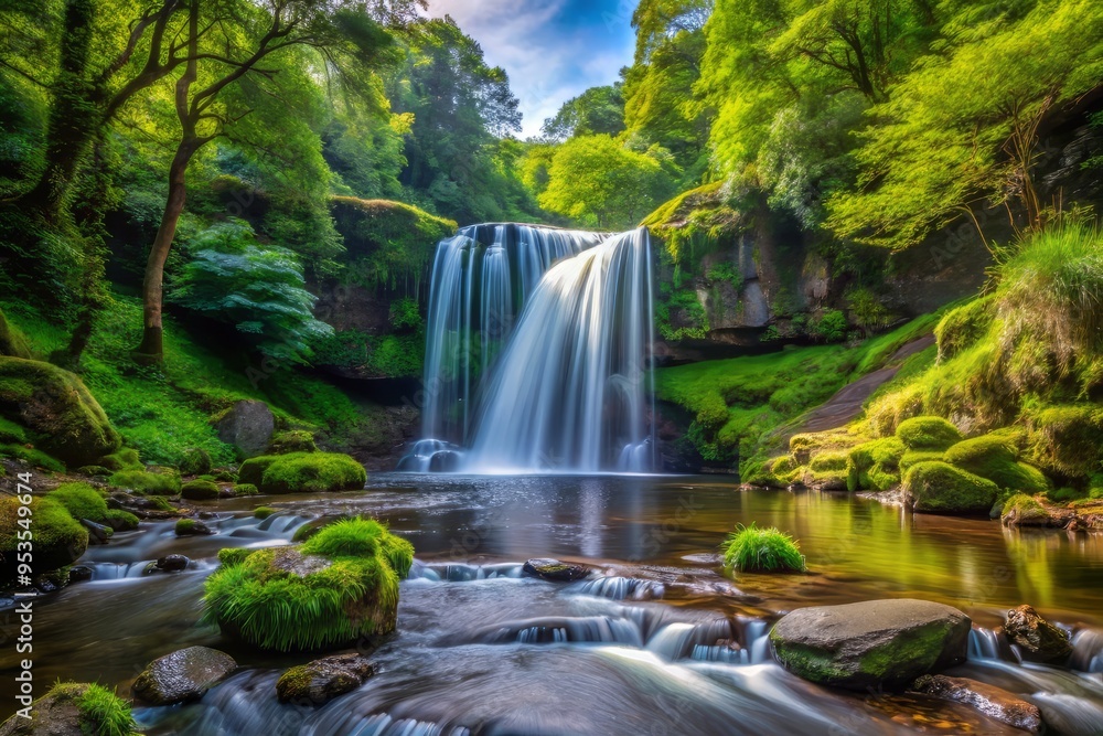 Obraz premium Merdai Falls in June presents a serene, idyllic scene, with the waterfall's gentle flow creating a sense of peacefulness and tranquility.