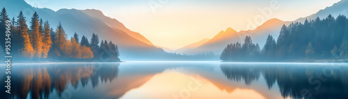 Wallpaper Mural Mountain Lake Sunrise with Fog and Reflection Torontodigital.ca