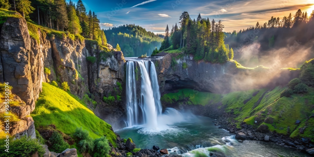 Fototapeta premium Snoqualmie Falls in the morning gentle morning light casting long shadows on moss-covered rocks
