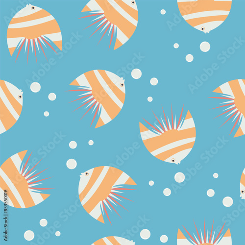 Fish seamless pattern. Sea theme with bubbles. Vector illustration on blue background