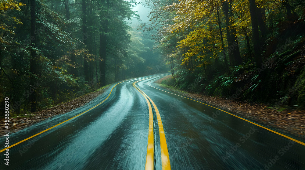 Fototapeta premium Winding Road Through Forest in Rain