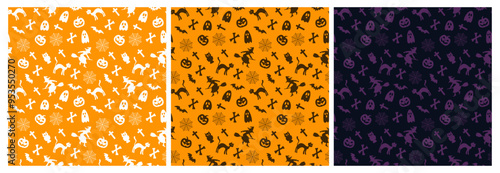 Halloween vector seamless pattern. Witch, bats, bones, pumpkins, crosses, spider webs, ghosts. Pattern in 3 shades