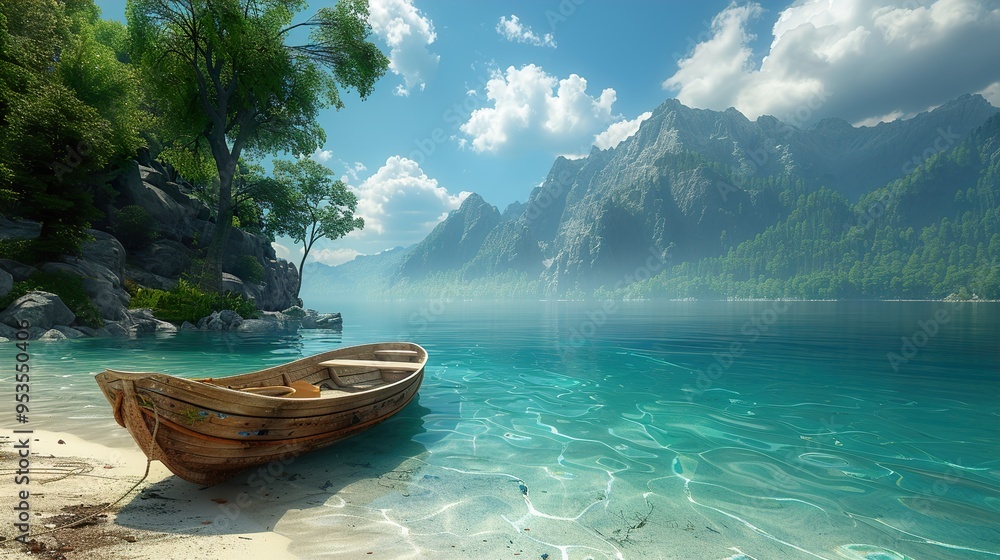 A wooden boat rests on a sandy shore, with clear blue water and mountains in the distance. A wooden boat rests on a sandy shore, with clear blue water and mountains in the distance.