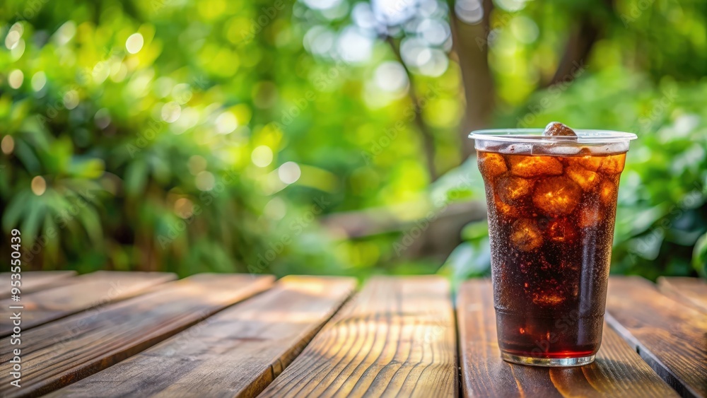 Disposable glass with iced cola on wooden table outdoors, disposable, glass, iced, cola, wooden table, outdoors Disposable glass with iced cola on wooden table outdoors, disposable, glass, iced, cola, wooden table, outdoors