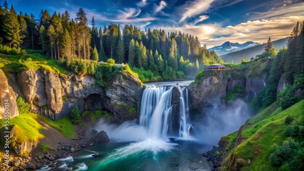 Obraz premium Snoqualmie Falls in the morning vivid blue morning sky above misty waters flowing over rocky cliffs
