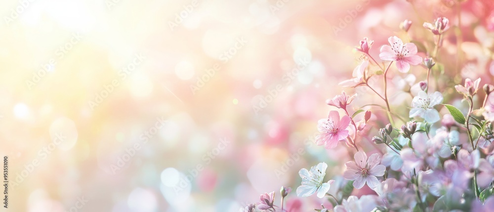 A pastel-colored background with soft spring flowers with copy space A pastel-colored background with soft spring flowers with copy space