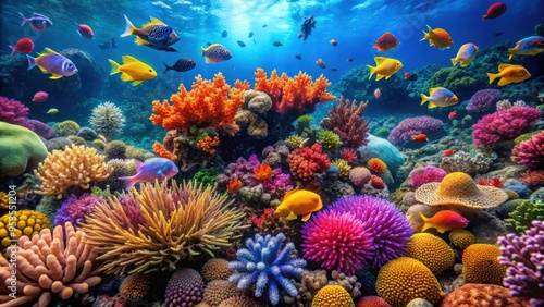 Fototapeta Naklejka Na Ścianę i Meble -  Close up shot of a vibrant, colorful coral reef with a variety of marine life swimming around, coral, reef