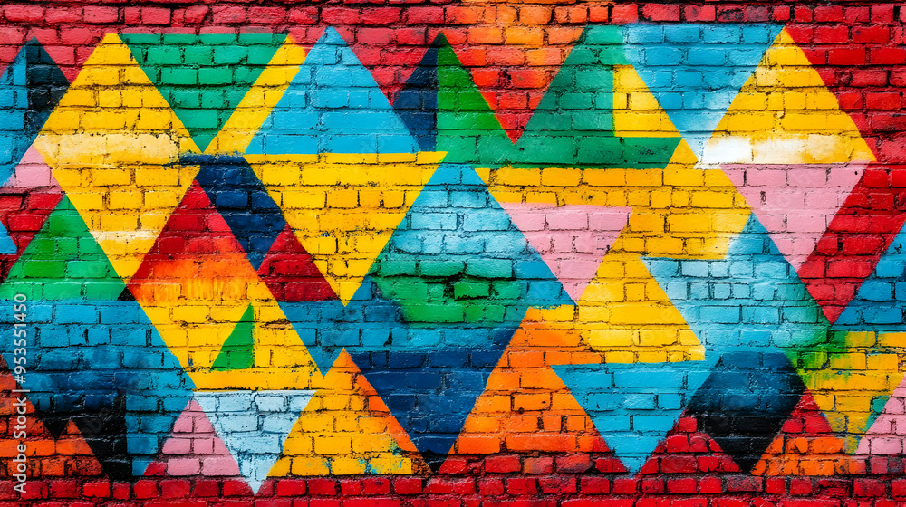 Colorful Geometric Pattern on Brick Wall Colorful Geometric Pattern on Brick Wall
