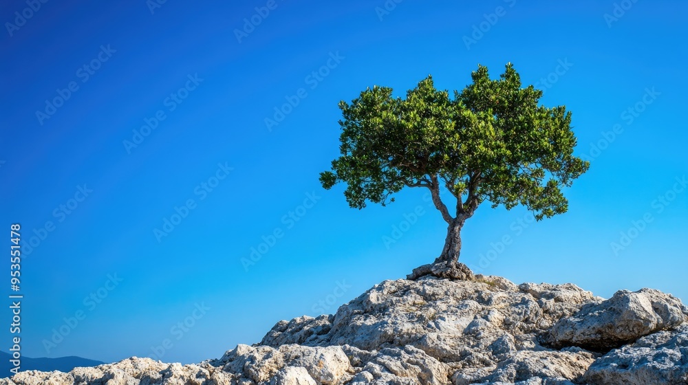 Tree on rugged rocky terrain beneath a clear blue sky, symbolizing strength and natural beauty Tree on rugged rocky terrain beneath a clear blue sky, symbolizing strength and natural beauty