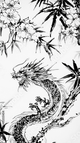 Wallpaper Mural Black and White Ink Painting of a Dragon and Flowers Torontodigital.ca