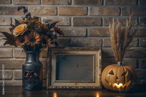 Mockup, Halloween background, template. Empty frame on the table, pumpkin. photo