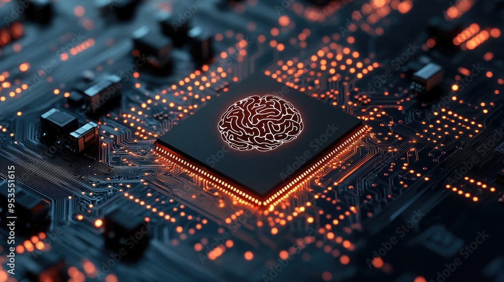 Close-up of a microprocessor with a brain design showing intricate circuitry and glowing elements, symbolizing AI and technology. Close-up of a microprocessor with a brain design showing intricate circuitry and glowing elements, symbolizing AI and technology.