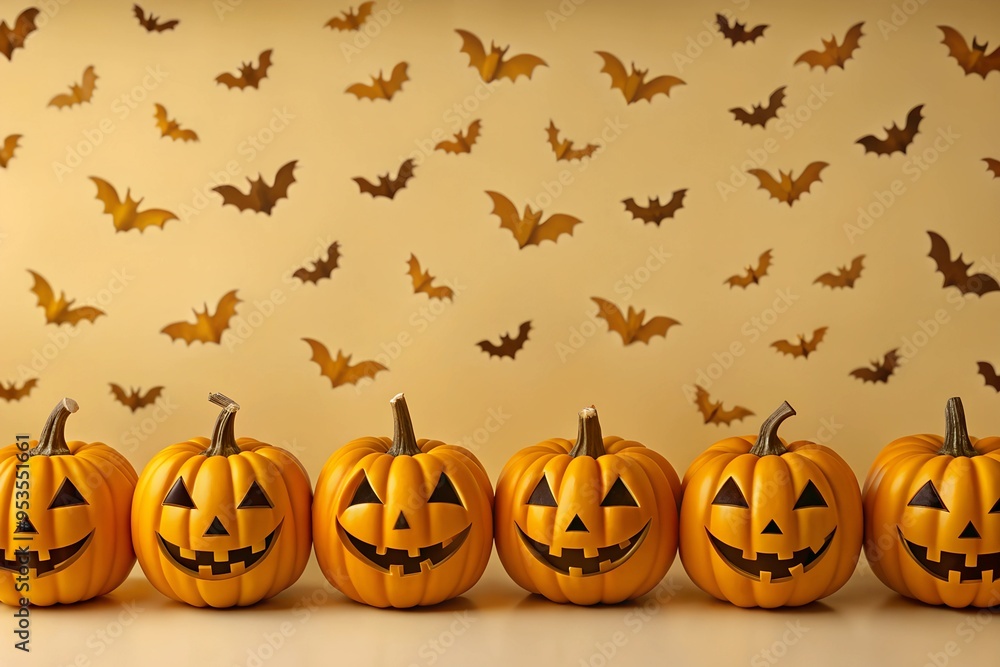 Orange Halloween Background. Pumpkins in a row and bats. Studio background Orange Halloween Background. Pumpkins in a row and bats. Studio background