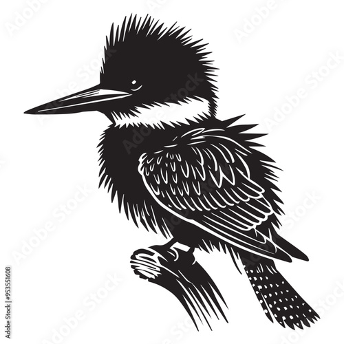 Belted Kingfisher silhouette - Megaceryle Alcyon Clipart - Belted Kingfisher fluffing feathers while perched illustration in black and white