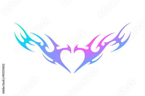 Holographic neo tribal winged heart in Y2K style. Abstract holo heart with wings and flame. Gothic tattoo style. Vector.