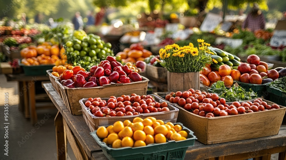 Vibrant market scene featuring fresh fruits and vegetables in rustic baskets under warm sunlight. A feast for the senses. Vibrant market scene featuring fresh fruits and vegetables in rustic baskets under warm sunlight. A feast for the senses.