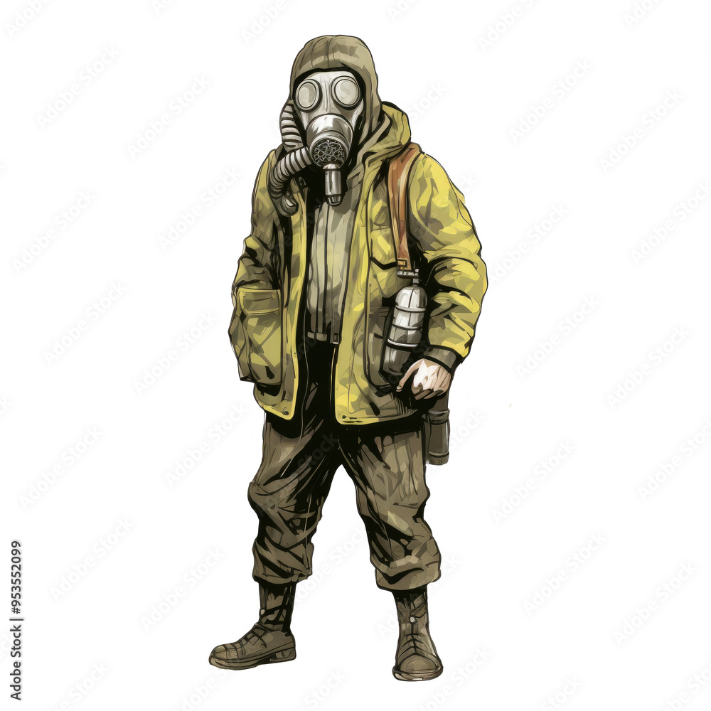 An illustration of a person wearing a gas mask, standing and looking at the camera An illustration of a person wearing a gas mask, standing and looking at the camera