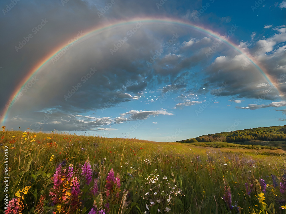 Naklejka premium A clear blue sky with a radiant rainbow curving above a vibrant meadow filled with wildflowers of every color.