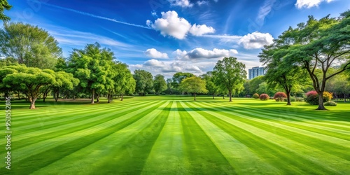 Freshly cut green lawn in a spacious public park , greenery, open space, grass, outdoor, nature, peaceful