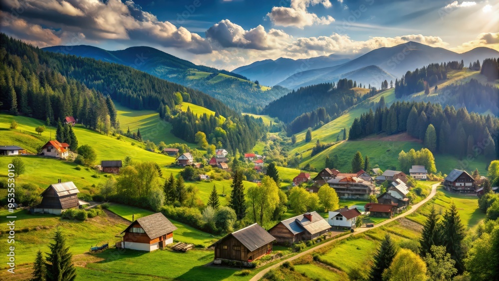Peaceful village nestled in the Carpathian Mountains , rural, tranquil, picturesque, landscape, remote, traditional, houses Peaceful village nestled in the Carpathian Mountains , rural, tranquil, picturesque, landscape, remote, traditional, houses