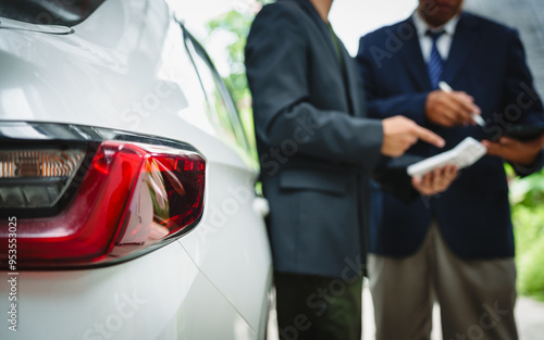 Two Asian individuals discuss a car insurance claim with an agent in front of a damaged vehicle. They review documents, discuss the policy, and address the crash and repair costs.