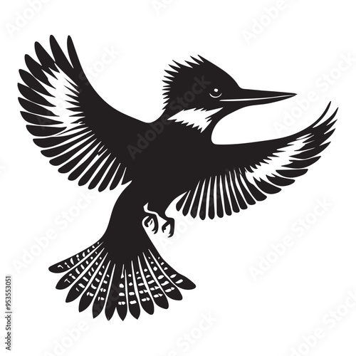 Belted Kingfisher silhouette - Megaceryle Alcyon Clipart - Belted Kingfisher hovering mid-air illustration in black and white photo