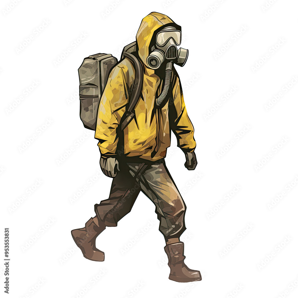 An illustration of a person wearing a gas mask, walking