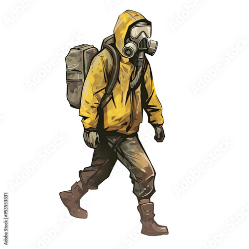 Obraz na płótnie An illustration of a person wearing a gas mask, walking w salonie