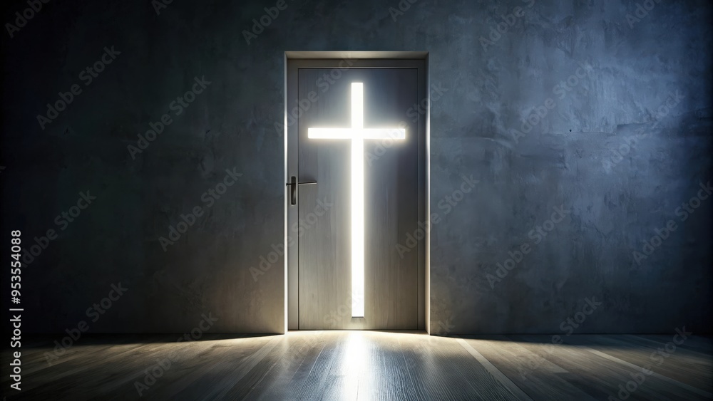 Cross-shaped door in a dimly lit room with light shining through, cross, shaping, door, dark, room, illuminated Cross-shaped door in a dimly lit room with light shining through, cross, shaping, door, dark, room, illuminated