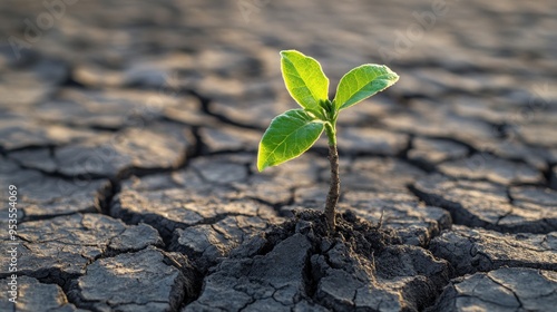 Young sapling emerging from cracked ground, symbolizing hope and resilience in harsh environmental conditions photo