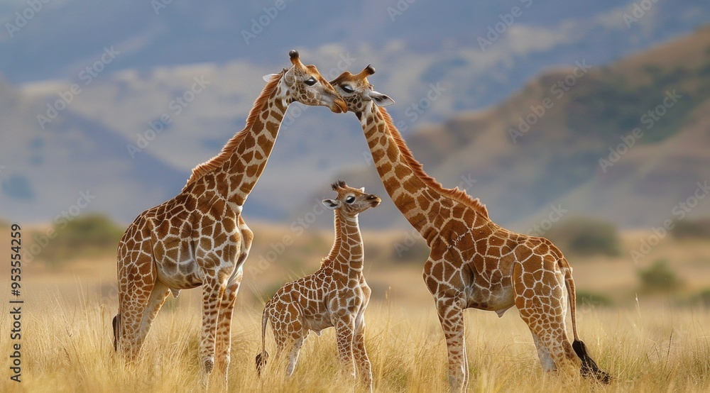 Fototapeta premium Giraffe Family in Serengeti: Adult Pair with Baby Giraffe in African Savanna