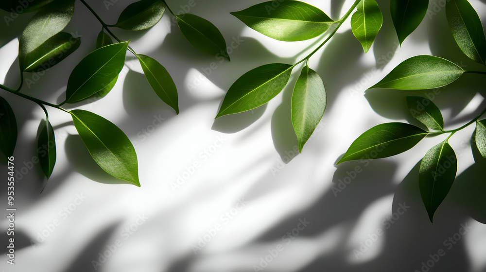 Green Leaves with Shadows on White Background Green Leaves with Shadows on White Background