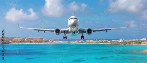 A commercial airplane flying low over a coastal city, preparing for landing photo