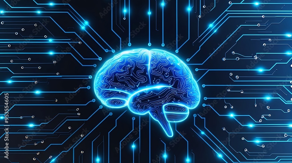 Create a digital representation of a brain designed as a circuit board with glowing lines and nodes Create a digital representation of a brain designed as a circuit board with glowing lines and nodes