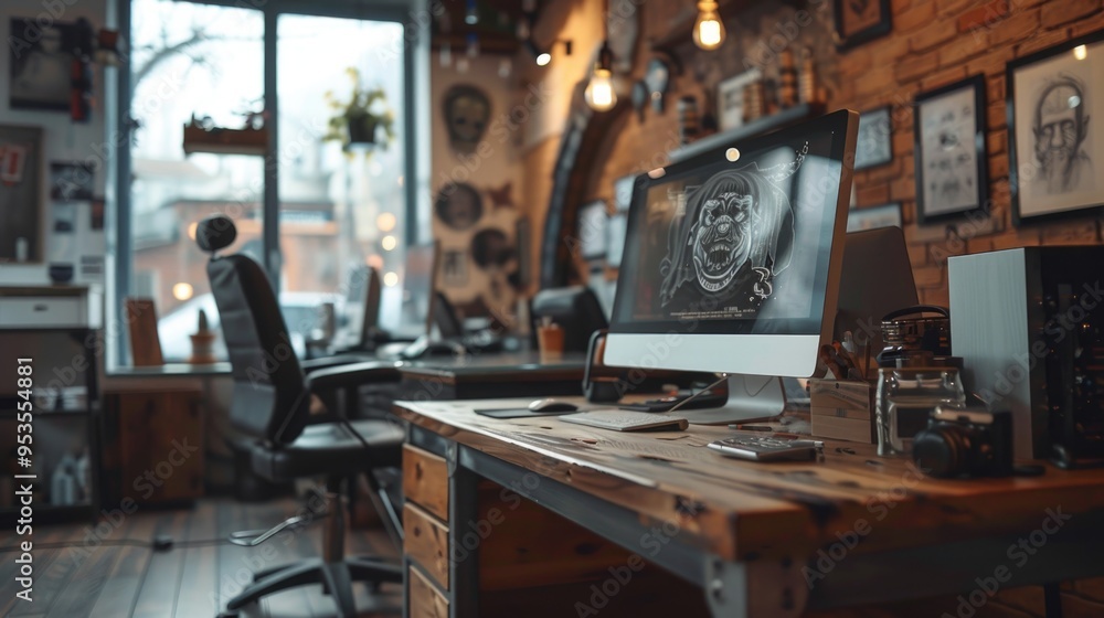 Modern Tattoo Studio with Computers, Artistic Decor, and Professional Workspace Modern Tattoo Studio with Computers, Artistic Decor, and Professional Workspace