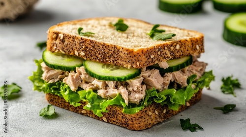 Wallpaper Mural Delicious sandwich with tuna, lettuce leaves and cucumber on light grey table Torontodigital.ca