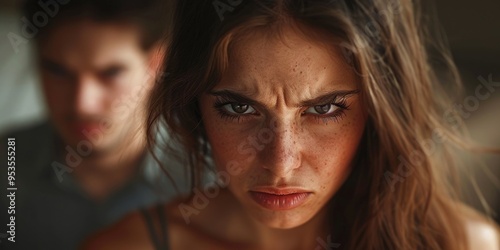 Angry Woman with Intense Expression and Blurred Man in Background Depicting Relationship Conflict photo