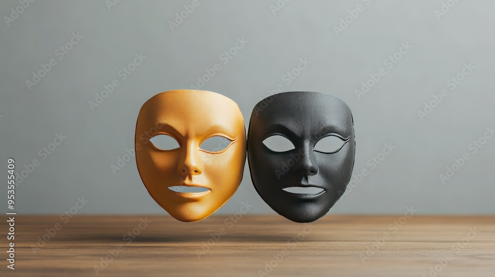 Elegant golden and black masks representing the duality of human emotion and the art of performance in theater. Elegant golden and black masks representing the duality of human emotion and the art of performance in theater.