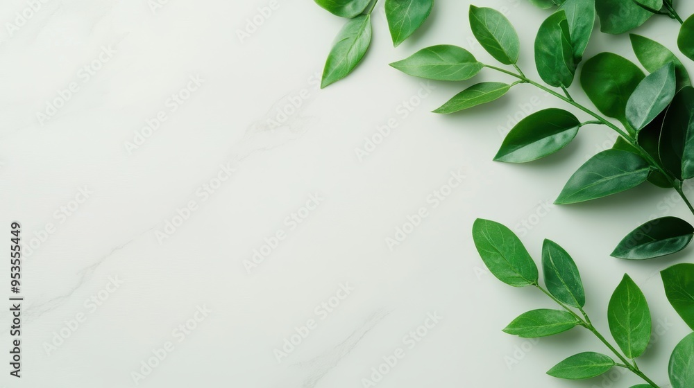 Elegant green leaves arranged on a smooth marble surface, perfect for nature-themed designs or eco-friendly projects. Elegant green leaves arranged on a smooth marble surface, perfect for nature-themed designs or eco-friendly projects.