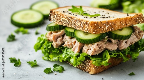 Delicious sandwich with tuna, lettuce leaves and cucumber on light grey table