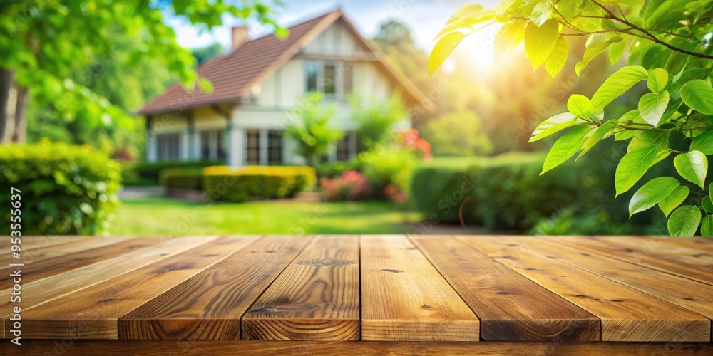Real wood table top on green leaf garden with house background, wood, table, top, green, leaf, garden, house, background, nature Real wood table top on green leaf garden with house background, wood, table, top, green, leaf, garden, house, background, nature