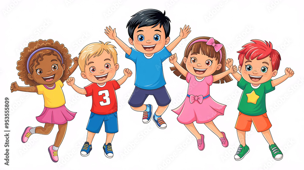 Happy Diverse Kids Playing Together in Colorful Outfits Happy Diverse Kids Playing Together in Colorful Outfits