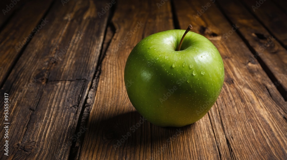 Green Apple on Rustic Wooden Surface Green Apple on Rustic Wooden Surface