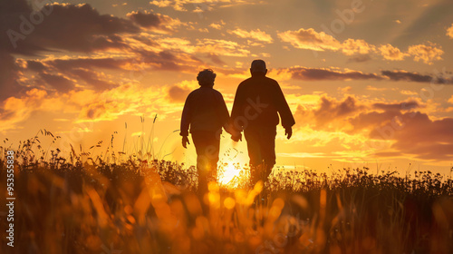 Silhouette of Elderly Couple Walking Hand in Hand at Sunset, Symbolizing Love and Companionship in Old Age