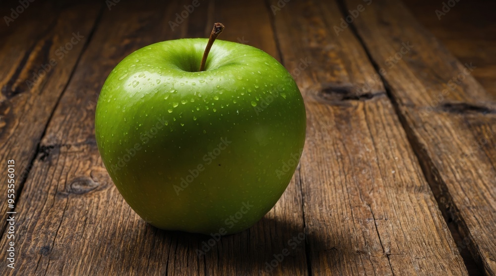 Green Apple with Water Droplets on a Rustic Wooden Table Green Apple with Water Droplets on a Rustic Wooden Table