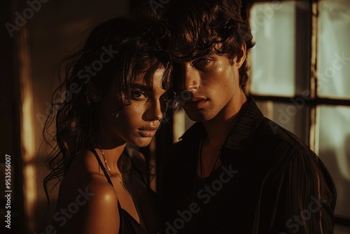 Couple posing together in window light